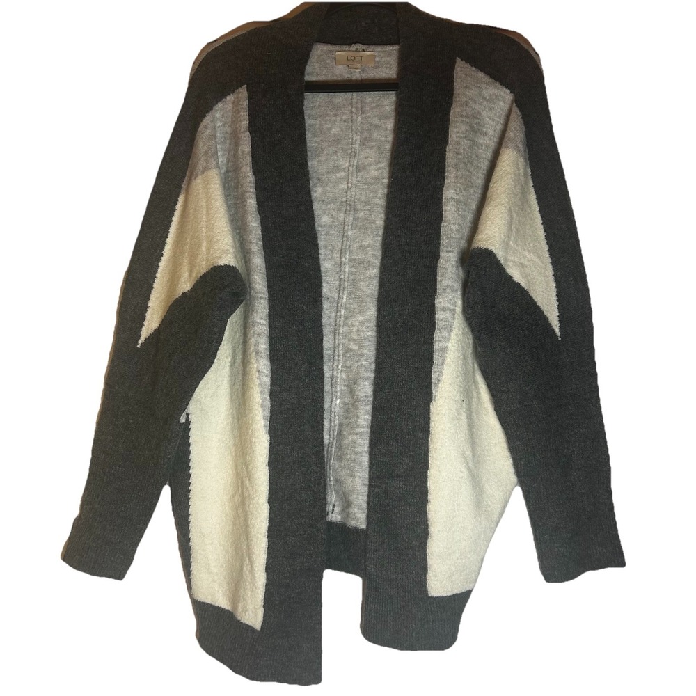 LOFT Outlet Fuzzy Soft Open Cardigan Sweater Gray/black/cream  Color Block Sz S
